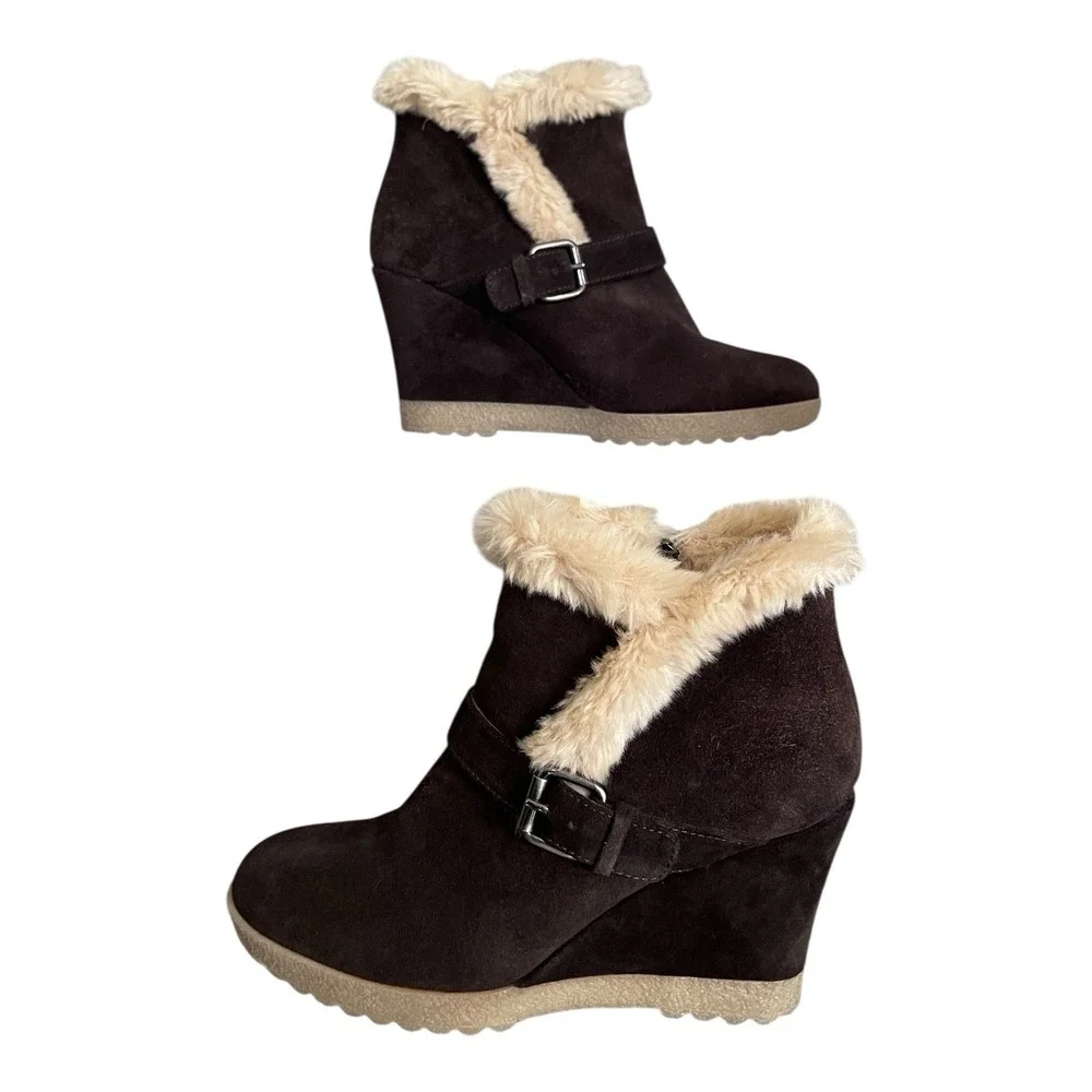 Aquatalia Carlotta Shearling‎ Trim Brown Suede Ankle Boots Retail $398